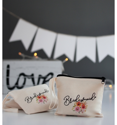 BRIDESMAID BASKILI ÇİÇEK DETAYLI BEZ PORTFÖY ÇANTA