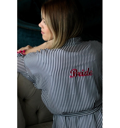 SİYAH BEYAZ ÇİZGİLİ PONPON DETAYLI BRIDE İŞLEMELİ ŞİFON KİMONO