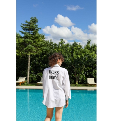 BOSS BRIDE NAKIŞ İŞLEMELİ KETEN GÖRÜNÜMLÜ GELİN PLAJ GÖMLEK
