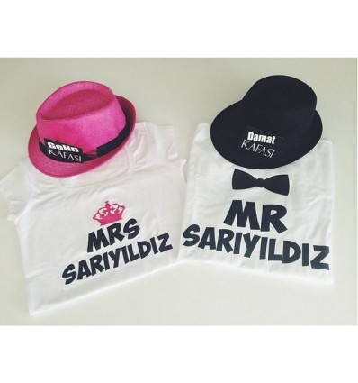 GELİN DAMAT BASKILI TİŞORT VE HASIR ŞAPKA SETİ