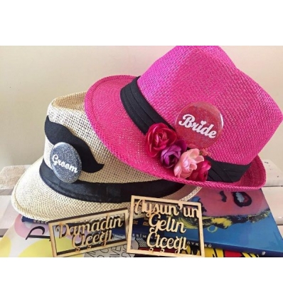 PEMBE VE KREM RENK HASIR GELİN-DAMAT MESAJLI ŞAPKA TAKIMI