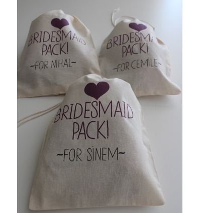 MOR BRIDESMAID PACK DETAYLI İSİM BASKILI BEZ HEDİYELİK KESE
